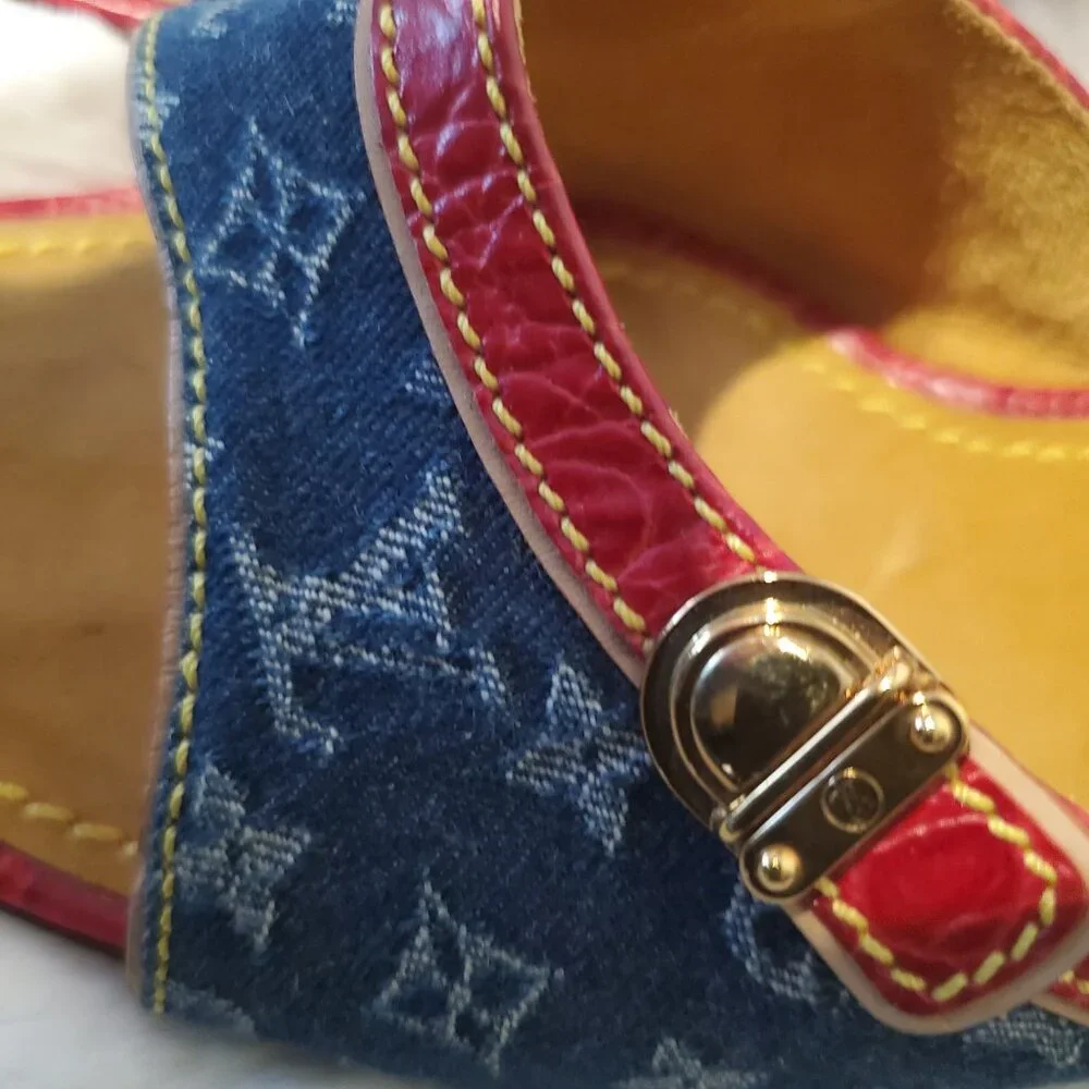 Louis Vuitton Monogram Denim Slide Sandals Red Leather Y2K LV Mule Luxury Size 9 - Picture 2 of 16